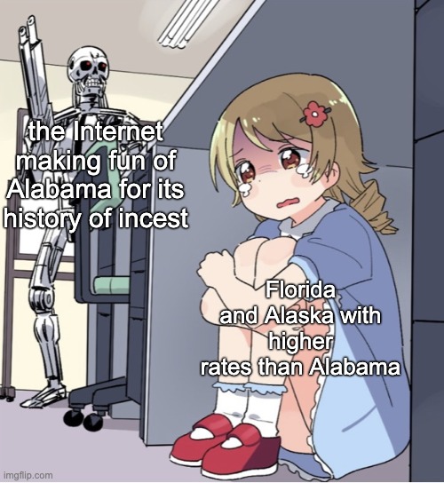 Anime Girl Hiding from Terminator | the Internet making fun of Alabama for its history of incest; Florida and Alaska with higher rates than Alabama | image tagged in anime girl hiding from terminator | made w/ Imgflip meme maker