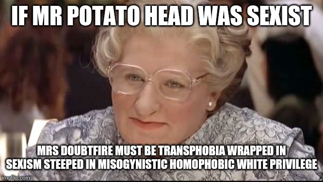 Millions of years of evolution for this... | IF MR POTATO HEAD WAS SEXIST; MRS DOUBTFIRE MUST BE TRANSPHOBIA WRAPPED IN SEXISM STEEPED IN MISOGYNISTIC HOMOPHOBIC WHITE PRIVILEGE | image tagged in mrs doubtfire,mr potato head | made w/ Imgflip meme maker