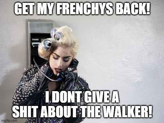 Lady Gaga Telephone | GET MY FRENCHYS BACK! I DONT GIVE A SHIT ABOUT THE WALKER! | image tagged in lady gaga telephone | made w/ Imgflip meme maker