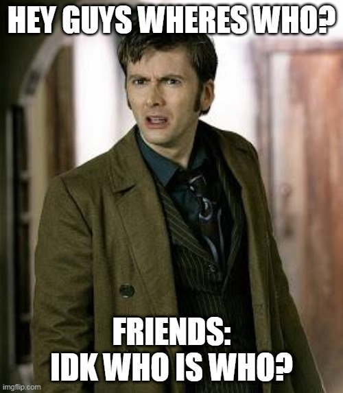 dis is why you should plus the ''doctor'' in the'' who'' | HEY GUYS WHERES WHO? FRIENDS: IDK WHO IS WHO? | image tagged in doctor who is confused | made w/ Imgflip meme maker
