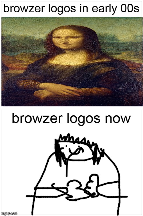 new browzer logos sucks | browzer logos in early 00s; browzer logos now | image tagged in memes,blank comic panel 1x2,funny,browzer | made w/ Imgflip meme maker