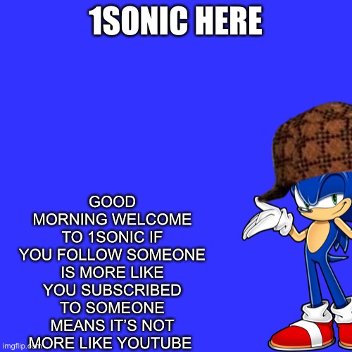 Hi 1Sonic here | GOOD MORNING WELCOME TO 1SONIC IF YOU FOLLOW SOMEONE IS MORE LIKE YOU SUBSCRIBED TO SOMEONE MEANS IT’S NOT MORE LIKE YOUTUBE; 1SONIC HERE | image tagged in hello there,sonic the hedgehog,message | made w/ Imgflip meme maker