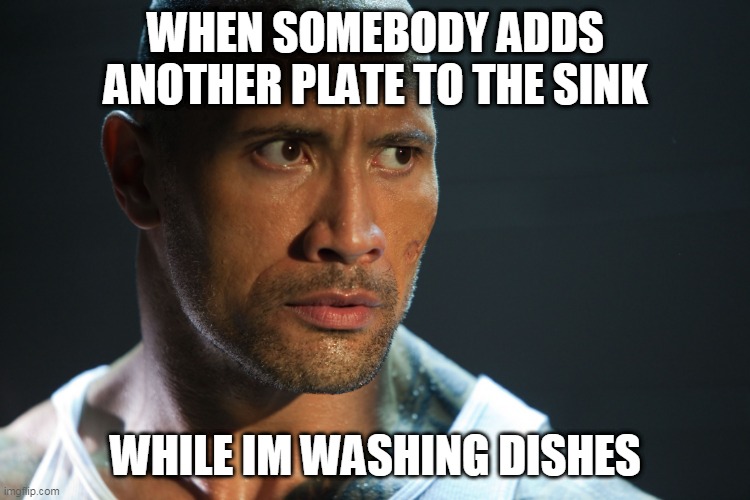 day johnson | WHEN SOMEBODY ADDS ANOTHER PLATE TO THE SINK; WHILE IM WASHING DISHES | image tagged in angry dwayne johnson | made w/ Imgflip meme maker