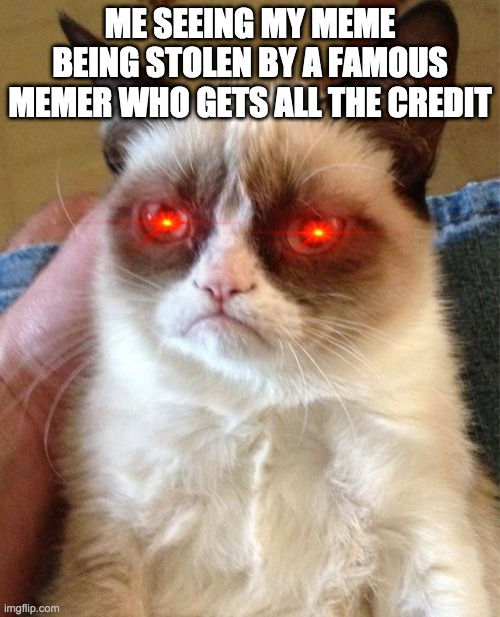 Grumpy Cat | ME SEEING MY MEME BEING STOLEN BY A FAMOUS MEMER WHO GETS ALL THE CREDIT | image tagged in memes,grumpy cat | made w/ Imgflip meme maker