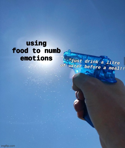 water gun sun | using food to numb emotions; "just drink a litre of water before a meal!!" | image tagged in water gun sun | made w/ Imgflip meme maker