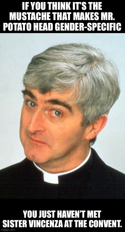 Apparently the left thinks that it’s the mustache that determines gender | IF YOU THINK IT’S THE MUSTACHE THAT MAKES MR. POTATO HEAD GENDER-SPECIFIC; YOU JUST HAVEN’T MET SISTER VINCENZA AT THE CONVENT. | image tagged in memes,father ted | made w/ Imgflip meme maker