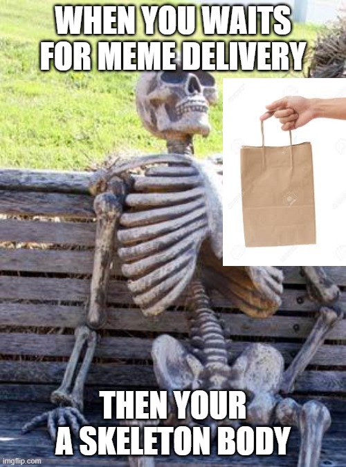 waits for meme delivery | WHEN YOU WAITS FOR MEME DELIVERY; THEN YOUR A SKELETON BODY | image tagged in memes,waiting skeleton | made w/ Imgflip meme maker