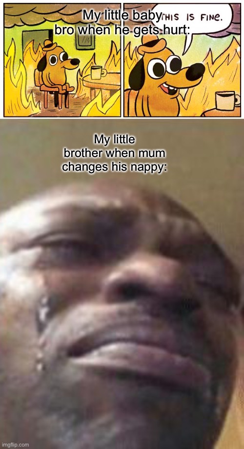 My little baby bro when he gets hurt:; My little brother when mum changes his nappy: | image tagged in this is fine,babies | made w/ Imgflip meme maker