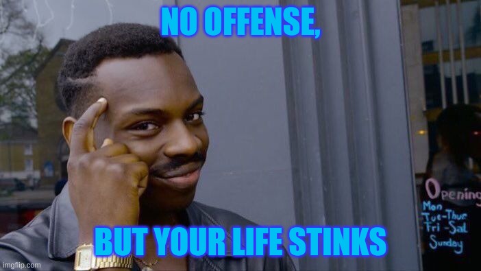 No offense | NO OFFENSE, BUT YOUR LIFE STINKS | image tagged in memes,roll safe think about it | made w/ Imgflip meme maker