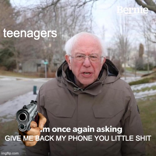 Bernie I Am Once Again Asking For Your Support | teenagers; GIVE ME BACK MY PHONE YOU LITTLE SHIT | image tagged in memes,bernie i am once again asking for your support | made w/ Imgflip meme maker