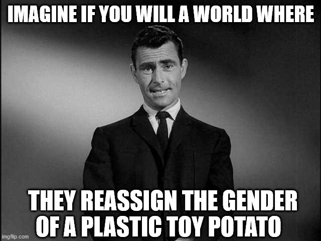 rod serling twilight zone | IMAGINE IF YOU WILL A WORLD WHERE; THEY REASSIGN THE GENDER OF A PLASTIC TOY POTATO | image tagged in rod serling twilight zone | made w/ Imgflip meme maker