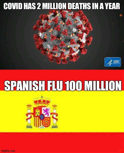 The Spainish flu had 50x more deaths, yet we go extreme with Covid-19 | COVID HAS 2 MILLION DEATHS IN A YEAR; SPANISH FLU 100 MILLION | image tagged in covid 19,spain flag | made w/ Imgflip meme maker