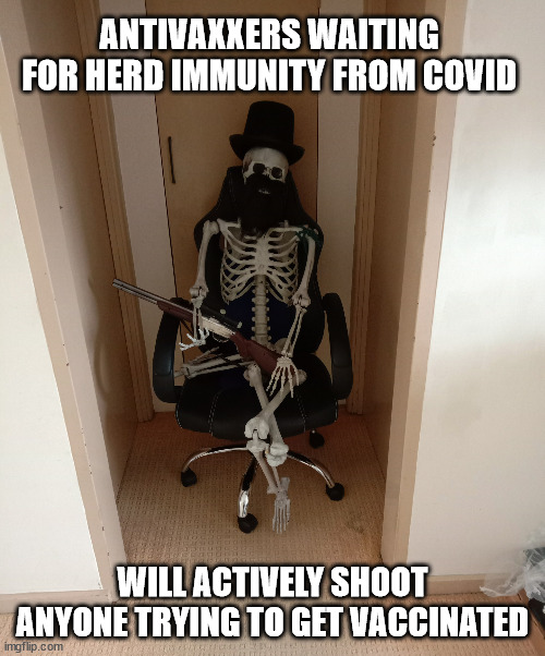 Herd immunity falacy | ANTIVAXXERS WAITING FOR HERD IMMUNITY FROM COVID; WILL ACTIVELY SHOOT ANYONE TRYING TO GET VACCINATED | image tagged in skeleton guard,antivax,dead,skeleton waiting,qanon,covid-19 | made w/ Imgflip meme maker
