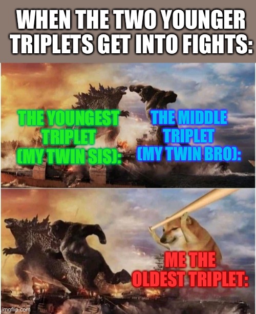 I THE ELDEST TRIPLET WINS! | WHEN THE TWO YOUNGER TRIPLETS GET INTO FIGHTS:; THE YOUNGEST TRIPLET (MY TWIN SIS):; THE MIDDLE TRIPLET (MY TWIN BRO):; ME THE OLDEST TRIPLET: | image tagged in kong godzilla doge,sibling rivalry | made w/ Imgflip meme maker