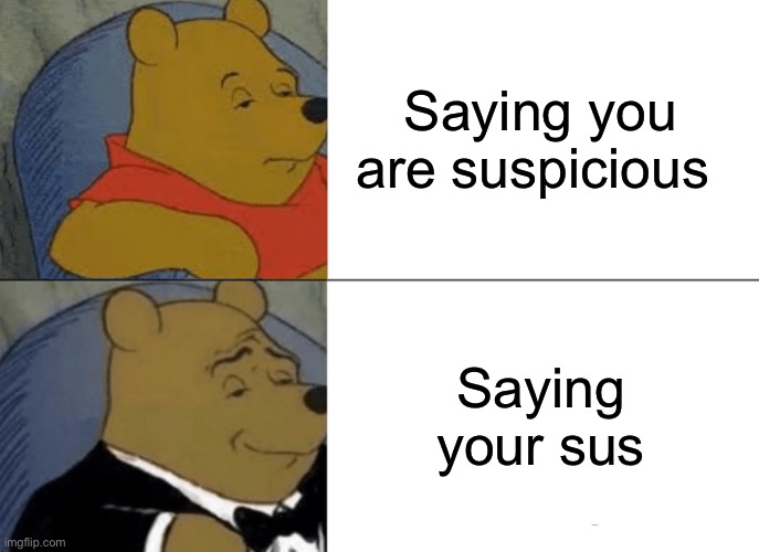 Tuxedo Winnie The Pooh | Saying you are suspicious; Saying your sus | image tagged in memes,tuxedo winnie the pooh | made w/ Imgflip meme maker
