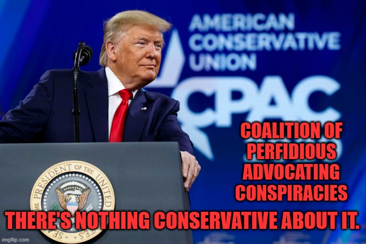 Inigo Montoya: "I do not think it means what you think it means." | COALITION OF
PERFIDIOUS
ADVOCATING
CONSPIRACIES; THERE'S NOTHING CONSERVATIVE ABOUT IT. | image tagged in politics | made w/ Imgflip meme maker