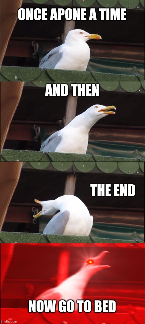 Inhaling Seagull | ONCE APONE A TIME; AND THEN; THE END; NOW GO TO BED | image tagged in memes,inhaling seagull | made w/ Imgflip meme maker