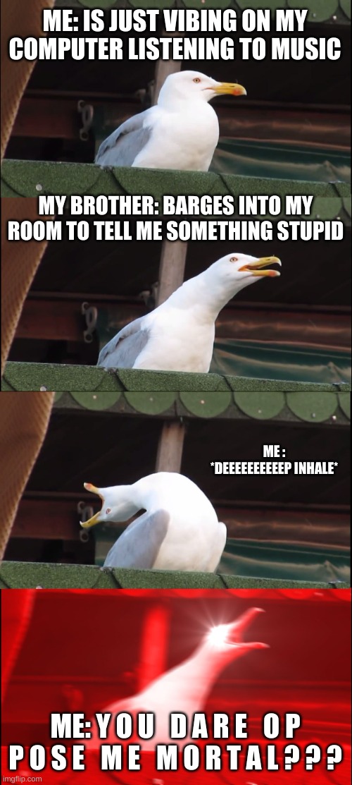 Inhaling Seagull Meme | ME: IS JUST VIBING ON MY COMPUTER LISTENING TO MUSIC; MY BROTHER: BARGES INTO MY ROOM TO TELL ME SOMETHING STUPID; ME : *DEEEEEEEEEEP INHALE*; ME: Y O U   D A R E   O P P O S E   M E   M O R T A L ? ? ? | image tagged in memes,inhaling seagull | made w/ Imgflip meme maker