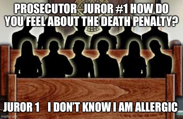 Jury | PROSECUTOR   JUROR #1 HOW DO YOU FEEL ABOUT THE DEATH PENALTY? JUROR 1    I DON’T KNOW I AM ALLERGIC | image tagged in jury | made w/ Imgflip meme maker