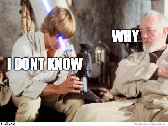 Luke lightsaber Fail | WHY; I DONT KNOW | image tagged in luke lightsaber fail | made w/ Imgflip meme maker