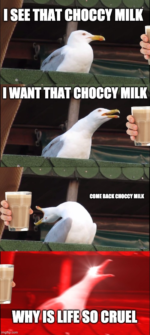Inhaling Seagull Meme | I SEE THAT CHOCCY MILK; I WANT THAT CHOCCY MILK; COME BACK CHOCCY MILK; WHY IS LIFE SO CRUEL | image tagged in memes,inhaling seagull | made w/ Imgflip meme maker