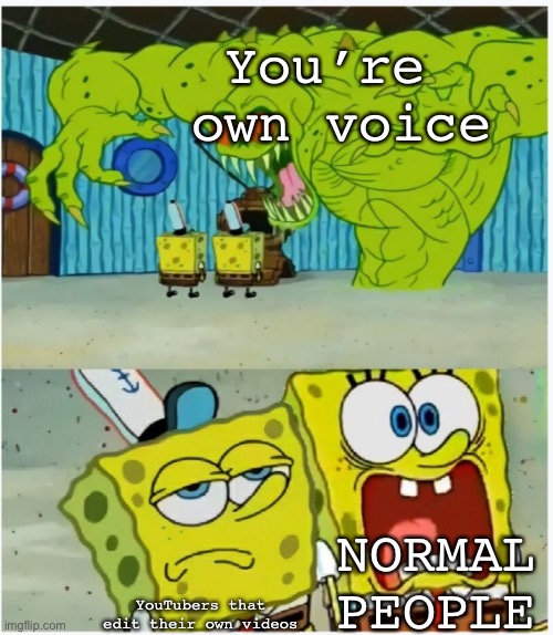 Voices | You’re  own voice; NORMAL PEOPLE; YouTubers that edit their own videos | image tagged in spongebob squarepants scared but also not scared | made w/ Imgflip meme maker