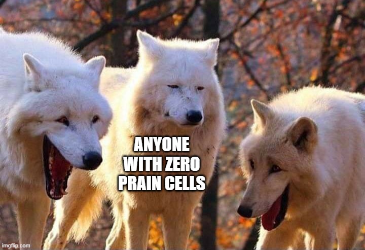 Laughing wolf | ANYONE WITH ZERO PRAIN CELLS | image tagged in laughing wolf | made w/ Imgflip meme maker