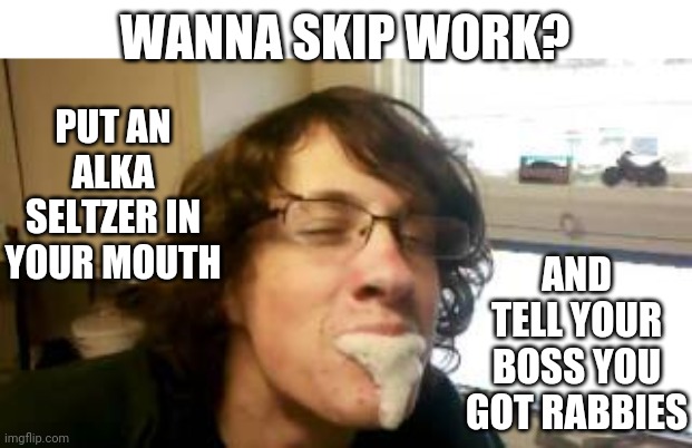 YOU'LL PROBABLY GET FIRED | WANNA SKIP WORK? PUT AN ALKA SELTZER IN YOUR MOUTH; AND TELL YOUR BOSS YOU GOT RABBIES | image tagged in work,work sucks | made w/ Imgflip meme maker