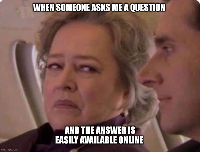 Dumb question | WHEN SOMEONE ASKS ME A QUESTION; AND THE ANSWER IS EASILY AVAILABLE ONLINE | image tagged in kathy bates | made w/ Imgflip meme maker