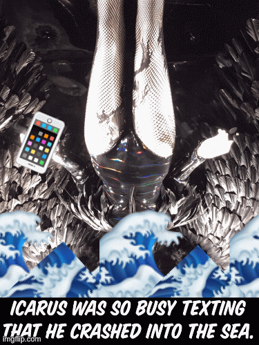 Don’t text while flying. | image tagged in gifs,fashion,window design,bergdorf goodman,greek mythology,icarus | made w/ Imgflip images-to-gif maker