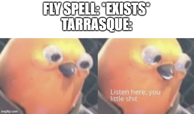 If yk yk | FLY SPELL: *EXISTS*
TARRASQUE: | image tagged in listen here you little shit bird | made w/ Imgflip meme maker