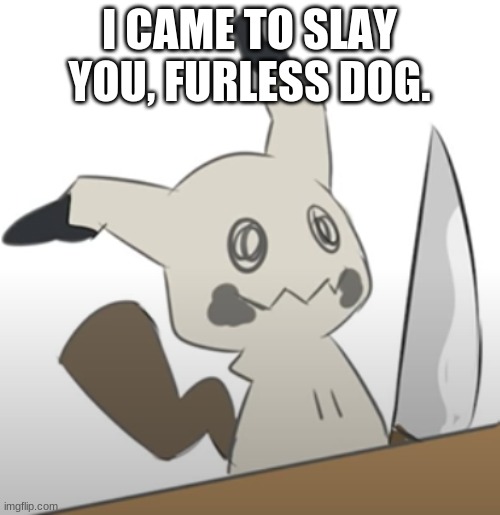 Mimikyu with a knife | I CAME TO SLAY YOU, FURLESS DOG. | image tagged in mimikyu with a knife | made w/ Imgflip meme maker