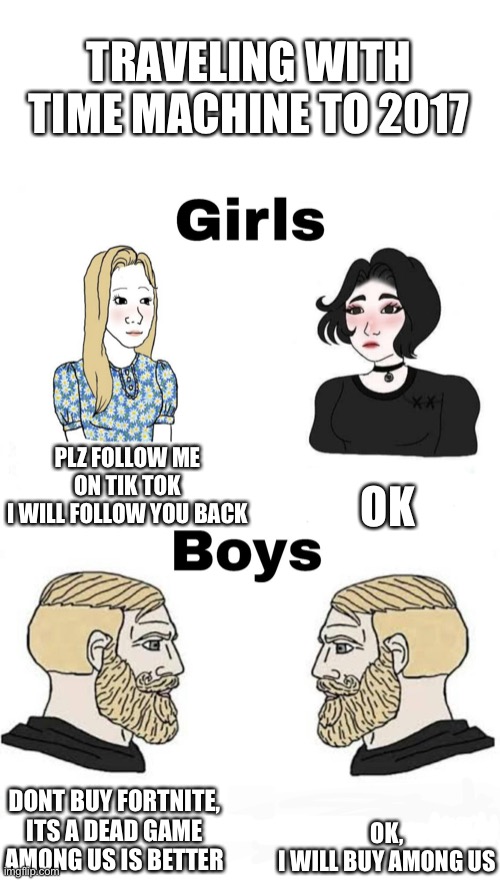 Time machine to 2017 | TRAVELING WITH TIME MACHINE TO 2017; PLZ FOLLOW ME ON TIK TOK
I WILL FOLLOW YOU BACK; OK; OK,
I WILL BUY AMONG US; DONT BUY FORTNITE,
ITS A DEAD GAME
AMONG US IS BETTER | image tagged in girls vs boys | made w/ Imgflip meme maker