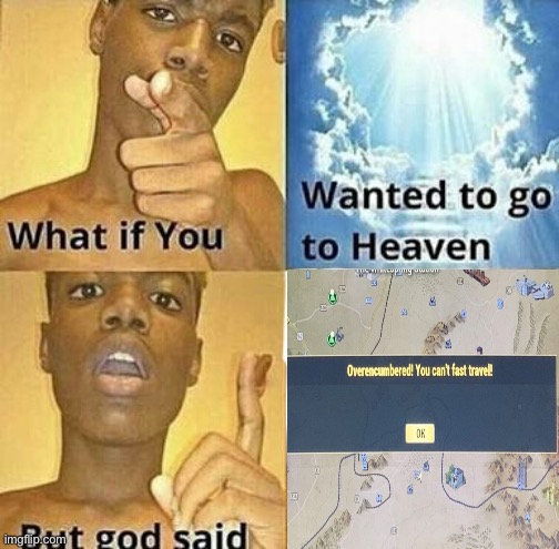 Overencumbered | image tagged in what if you wanted to go to heaven,fallout,religion | made w/ Imgflip meme maker