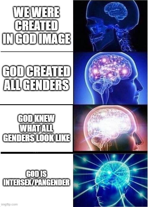 god is intersex/pangender | WE WERE CREATED IN GOD IMAGE; GOD CREATED ALL GENDERS; GOD KNEW WHAT ALL GENDERS LOOK LIKE; GOD IS INTERSEX/PANGENDER | image tagged in memes,expanding brain,lgbtq | made w/ Imgflip meme maker