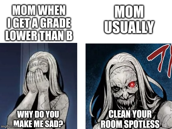 Is it only me? | MOM WHEN I GET A GRADE LOWER THAN B; MOM USUALLY; WHY DO YOU MAKE ME SAD? CLEAN YOUR ROOM SPOTLESS | image tagged in blank white template,mom,manga,meme,crazy,manga_worn and torn newbie | made w/ Imgflip meme maker