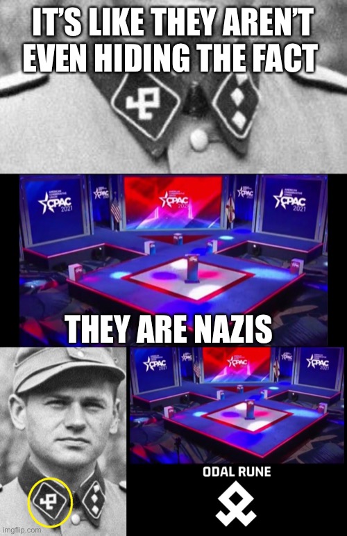 Open air admittance | IT’S LIKE THEY AREN’T EVEN HIDING THE FACT; THEY ARE NAZIS | image tagged in gop,cpac,nazi,odal rune | made w/ Imgflip meme maker