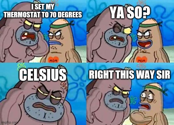 Thermostat | YA SO? I SET MY THERMOSTAT TO 70 DEGREES; CELSIUS; RIGHT THIS WAY SIR | image tagged in memes,how tough are you | made w/ Imgflip meme maker