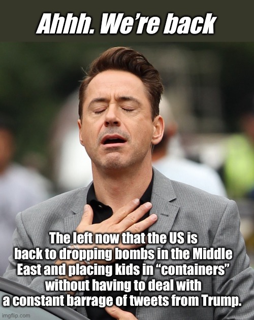 The world is so much better without the mean tweets | Ahhh. We’re back; The left now that the US is back to dropping bombs in the Middle East and placing kids in “containers” without having to deal with a constant barrage of tweets from Trump. | image tagged in relieved rdj,funny memes,police,leftists,derp | made w/ Imgflip meme maker