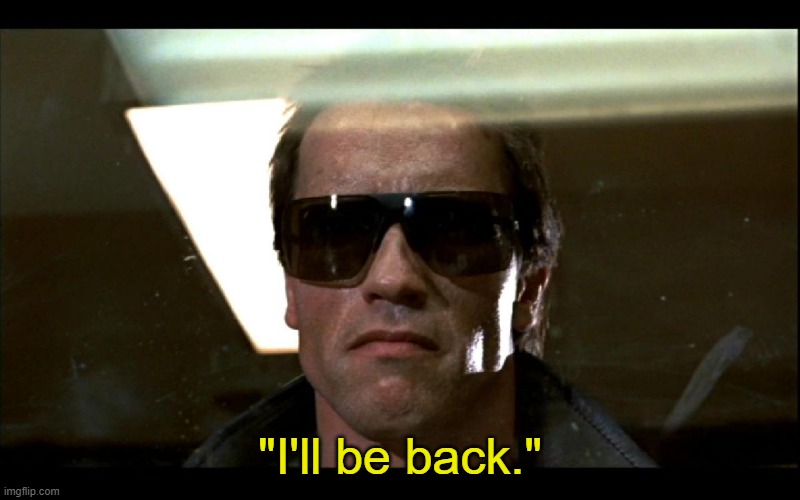 Going offline for a bit | "I'll be back." | image tagged in i'll be back | made w/ Imgflip meme maker