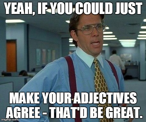 That Would Be Great Meme | YEAH, IF YOU COULD JUST MAKE YOUR ADJECTIVES AGREE - THAT'D BE GREAT. | image tagged in memes,that would be great | made w/ Imgflip meme maker