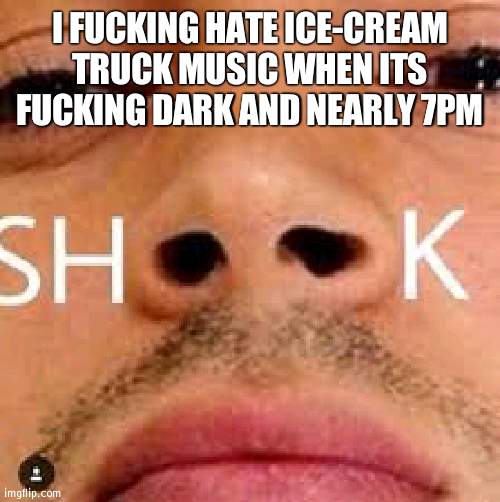 shook | I FUCKING HATE ICE-CREAM TRUCK MUSIC WHEN ITS FUCKING DARK AND NEARLY 7PM | image tagged in shook,ima,go,jerk,off,oh wow are you actually reading these tags | made w/ Imgflip meme maker