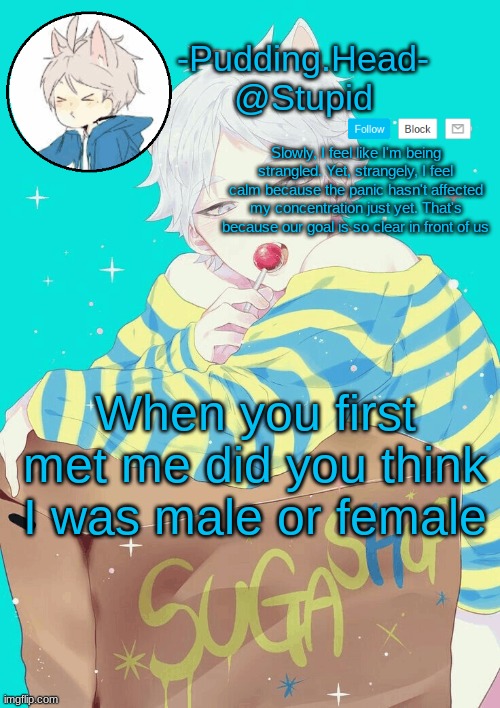 Suga temp | When you first met me did you think I was male or female | image tagged in suga temp | made w/ Imgflip meme maker