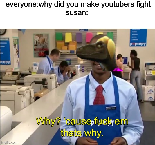 everyone:why did you make youtubers fight
susan: | image tagged in blank white template,why cause fuck em thats why | made w/ Imgflip meme maker