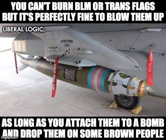 Bombs that were dropped on Syria. | YOU CAN'T BURN BLM OR TRANS FLAGS BUT IT'S PERFECTLY FINE TO BLOW THEM UP; LIBERAL LOGIC:; AS LONG AS YOU ATTACH THEM TO A BOMB
AND DROP THEM ON SOME BROWN PEOPLE | image tagged in liberal logic,syria,strike,blm,trans | made w/ Imgflip meme maker