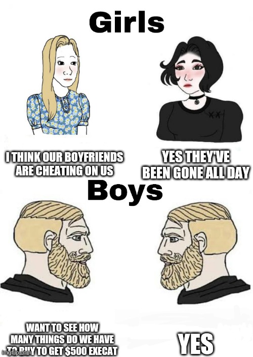 This is true | I THINK OUR BOYFRIENDS ARE CHEATING ON US; YES THEY'VE BEEN GONE ALL DAY; YES; WANT TO SEE HOW MANY THINGS DO WE HAVE TO BUY TO GET $500 EXECAT | image tagged in girls vs boys,boys vs girls | made w/ Imgflip meme maker