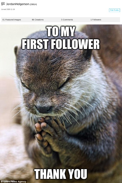 thank you so much | TO MY FIRST FOLLOWER; THANK YOU | image tagged in thank you lord otter | made w/ Imgflip meme maker