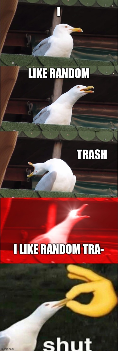 I; LIKE RANDOM; TRASH; I LIKE RANDOM TRA- | image tagged in memes,inhaling seagull | made w/ Imgflip meme maker