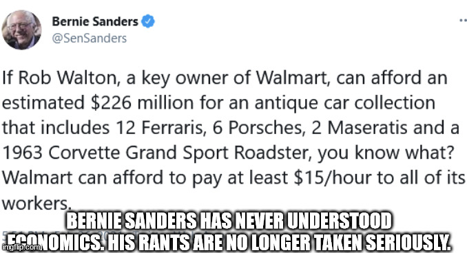 Bernie Sanders the uneducated moron and so is his followers | BERNIE SANDERS HAS NEVER UNDERSTOOD ECONOMICS. HIS RANTS ARE NO LONGER TAKEN SERIOUSLY. | image tagged in idiots,clowns,bernie sanders,fake democrats | made w/ Imgflip meme maker