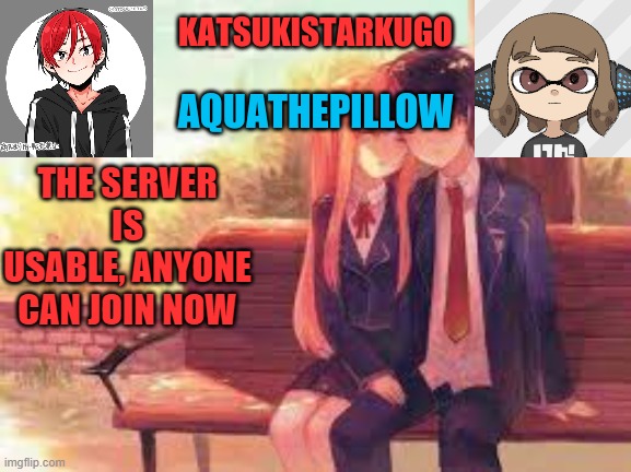 KatsukiStarkugoXAquathepillow | THE SERVER IS USABLE, ANYONE CAN JOIN NOW | image tagged in katsukistarkugoxaquathepillow | made w/ Imgflip meme maker